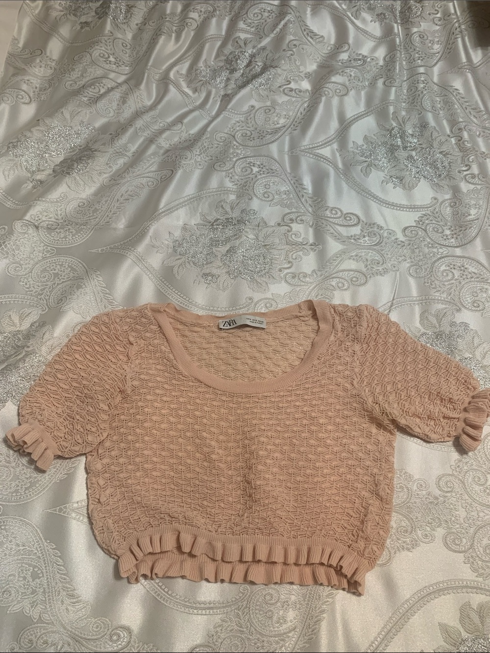 Zara Peach Textured Knit Ruffled Crop Top